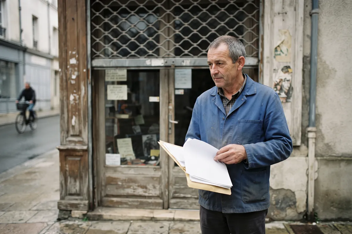 A small business owner standing outside a closed storefront holding loan paperwork