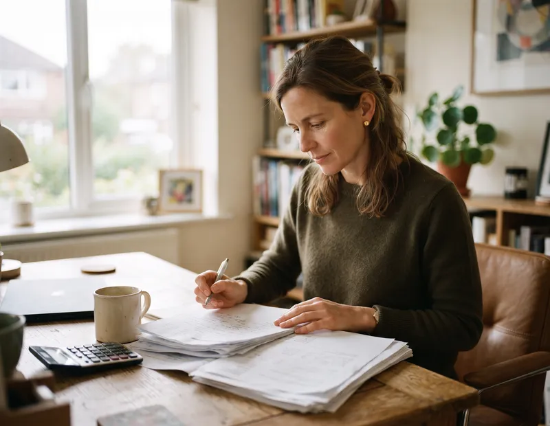A small business owner reviewing COVID-19 EIDL loan paperwork at a home-office desk with a calculator